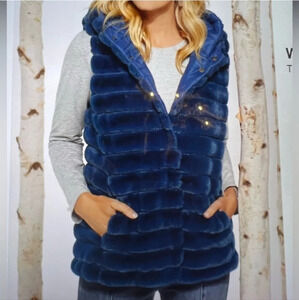 Soft Surroundings Rich Blue Plush Faux Fur Reversible‎ Vest